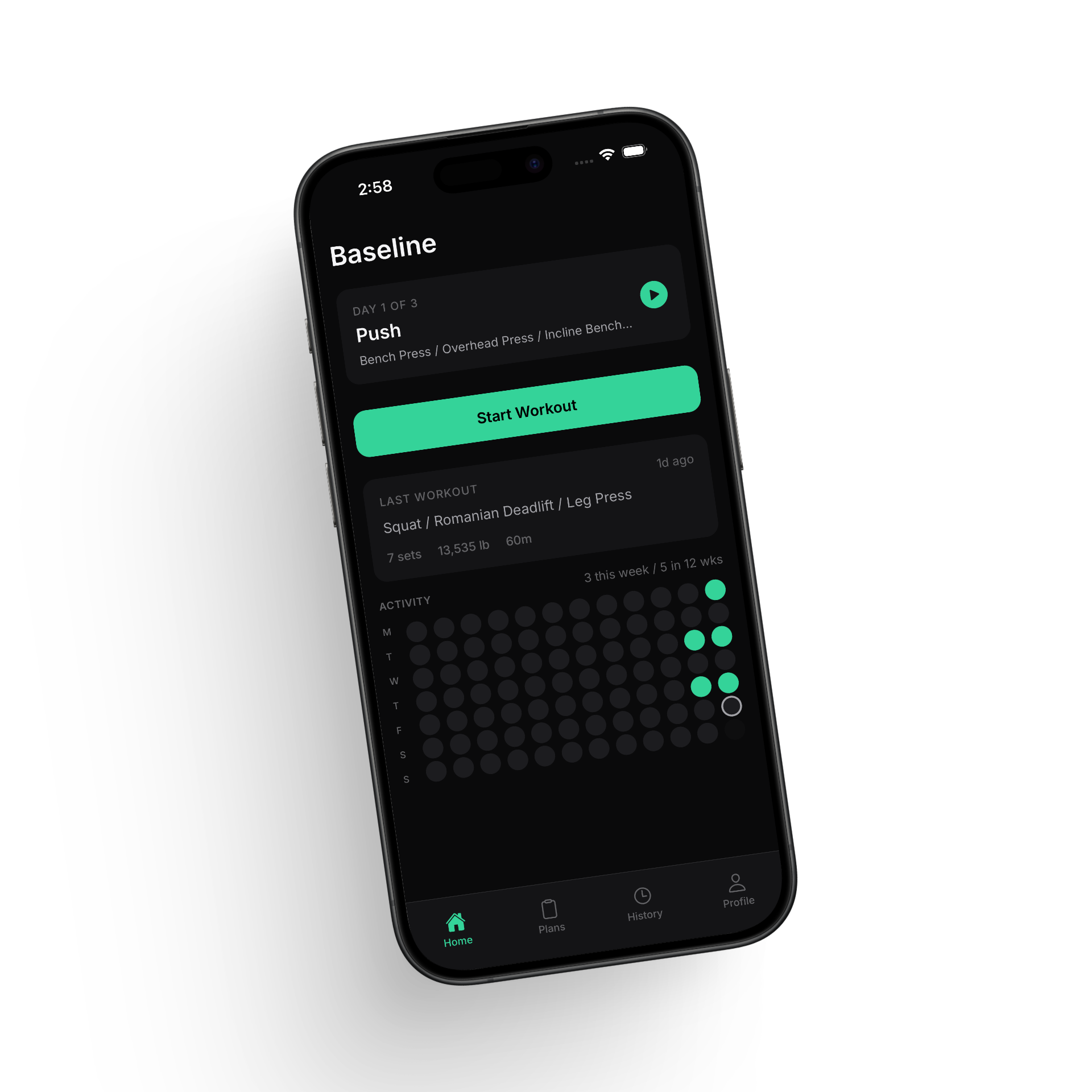 Baseline fitness app showing workout tracking and activity history on iPhone