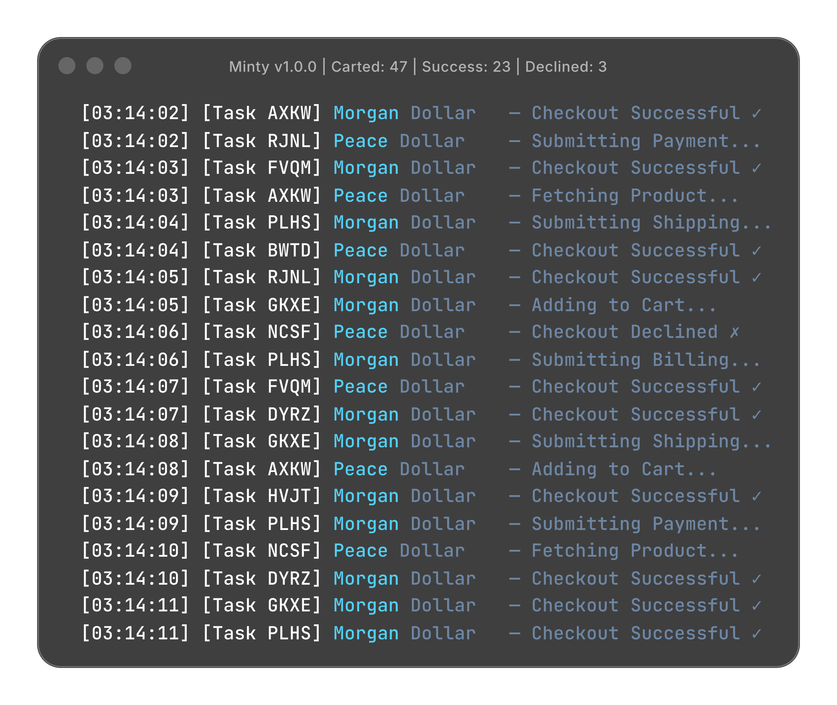 Minty bot terminal showing live checkout tasks with 23 successful purchases